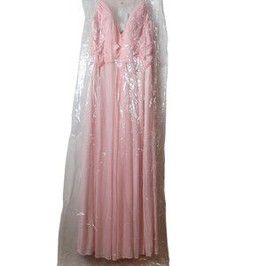 Allure Bridals Pink Pleated Chiffon Bridesmaid Gown Beaded Straps & Sheer Back